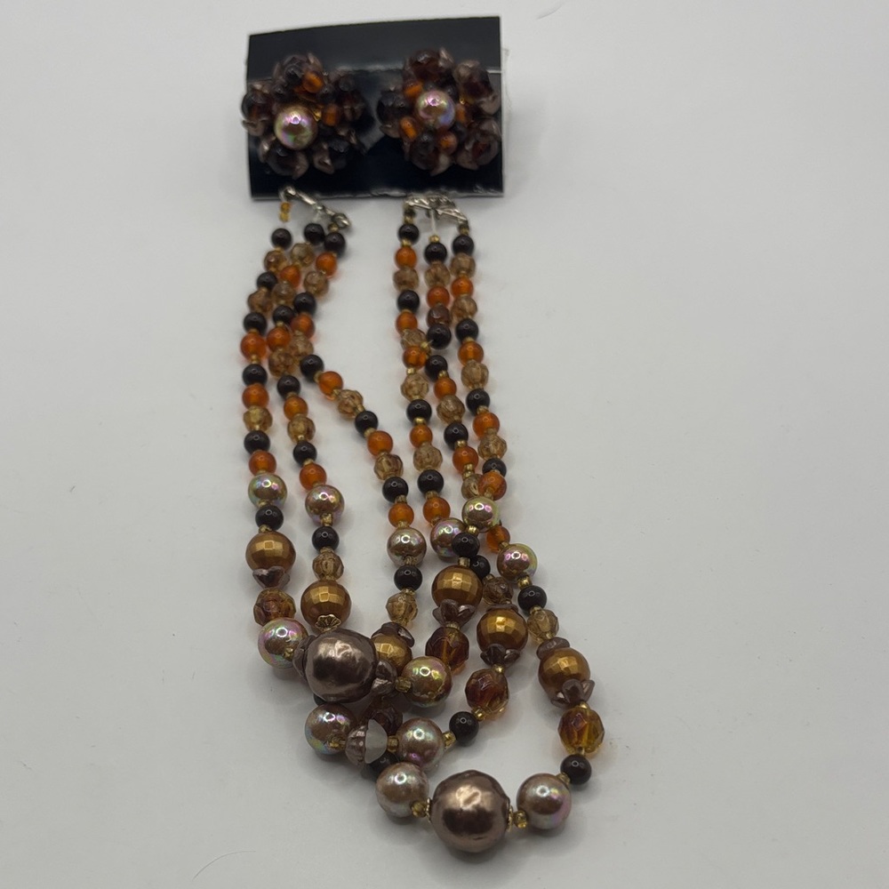 Vintage Japan Stamped Beaded Necklace and Earring Set